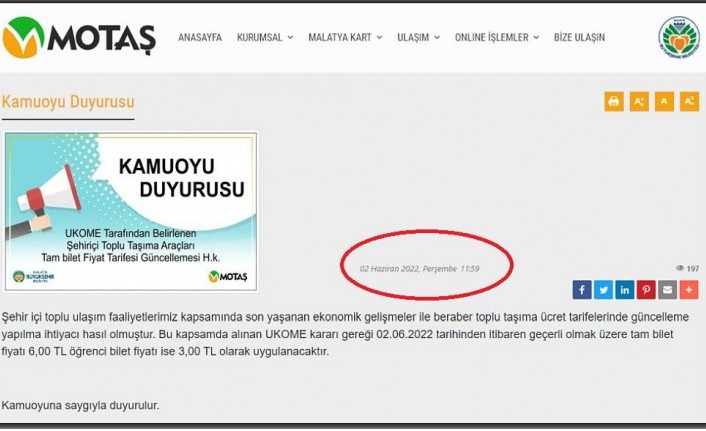 Motaş'tan Toplu Taşımaya Zam