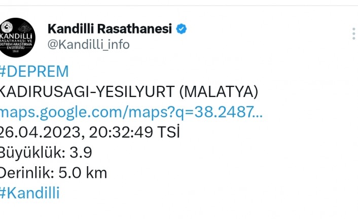 Malatya'da 3.9 Büyüklüğünde Deprem